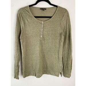 Banana Republic Womens 100% Linen Henley Top S Olive Green Long Sleeve Classic